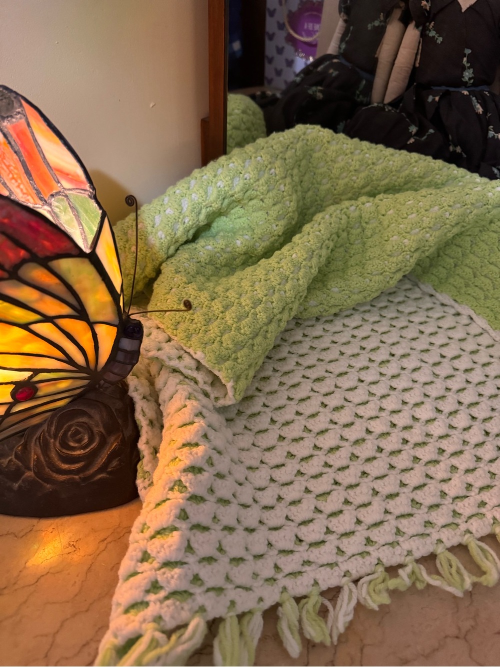 Hand Crocheted Light Green & White Baby Blanket
Vintage
